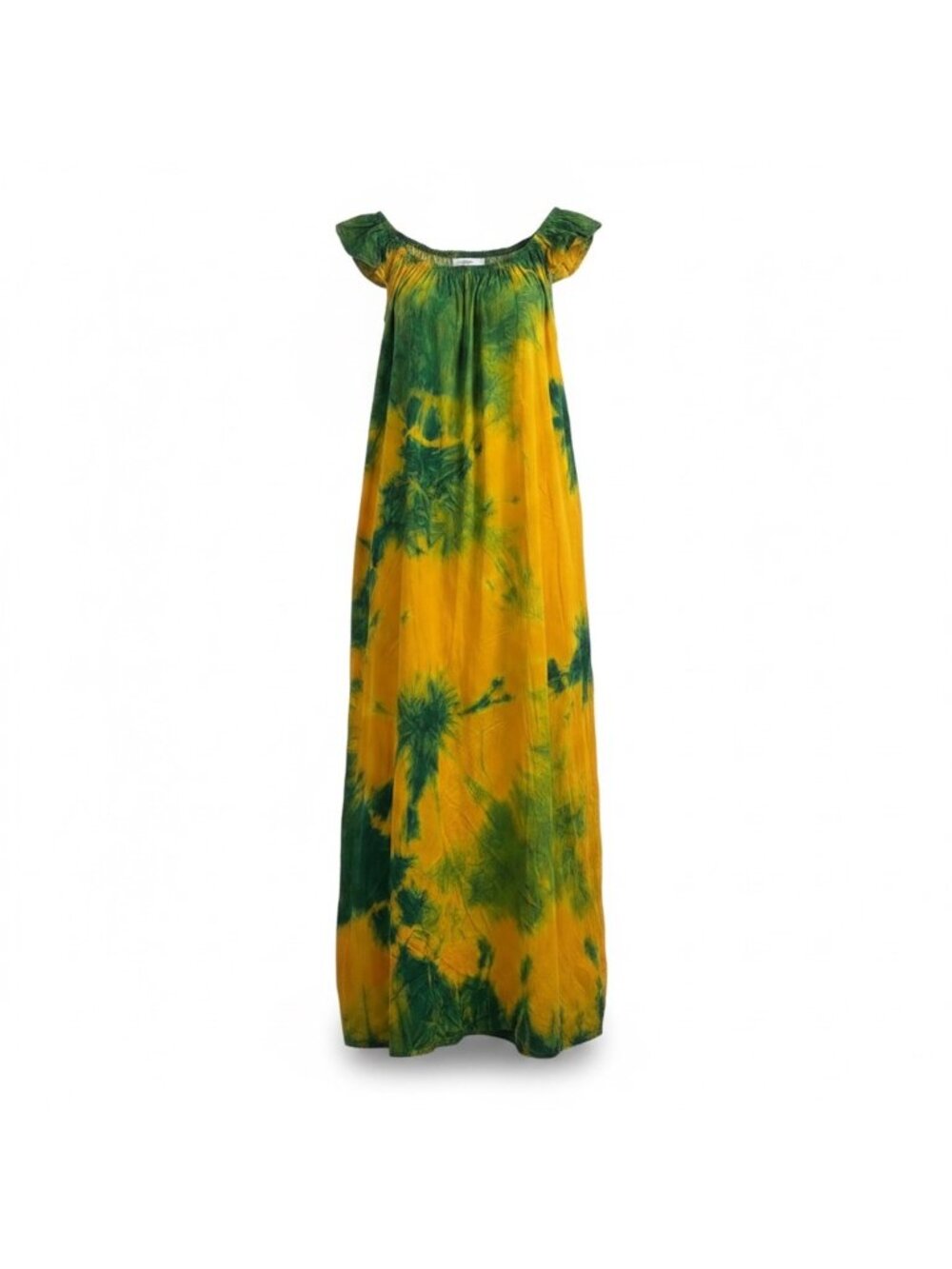 Tie-Dye Womens Yellow & Green Cotton Sleep Wear Night Gown Free Size Relaxed Fit